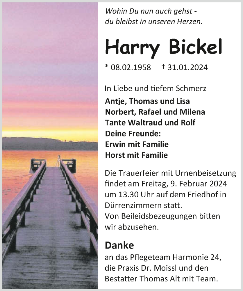  Traueranzeige für Harry Bickel vom 06.02.2024 aus GESAMT