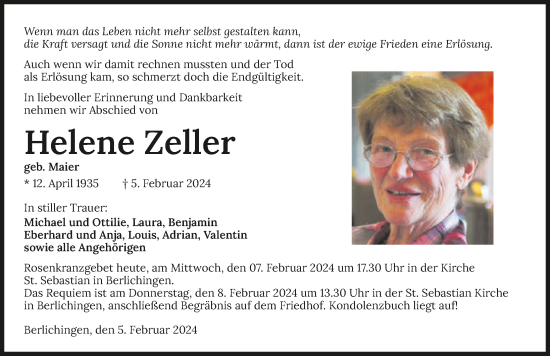 Traueranzeige von Helene Zeller von GESAMT