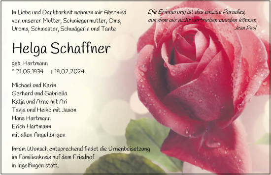 Traueranzeige von Helga Schaffner von GESAMT