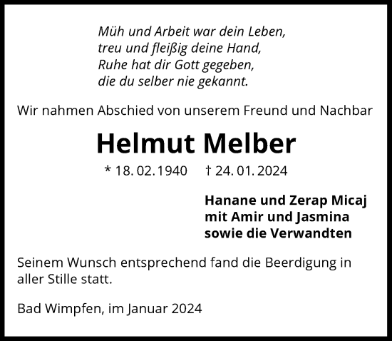 Traueranzeige von Helmut Melber von GESAMT