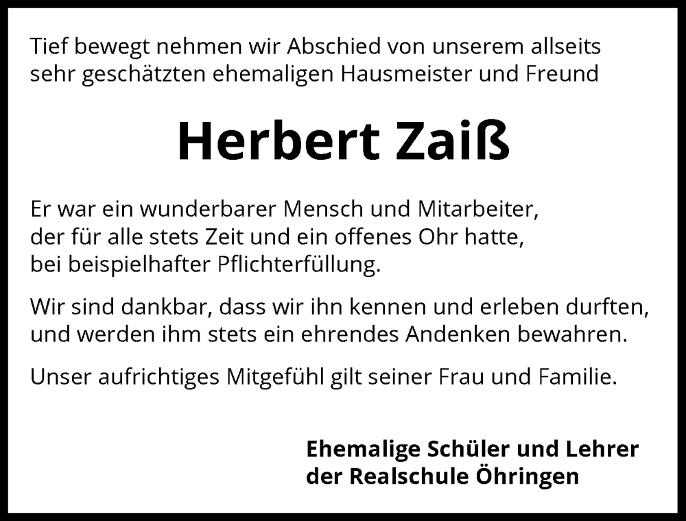  Traueranzeige für Herbert Zaiß vom 27.02.2024 aus GESAMT