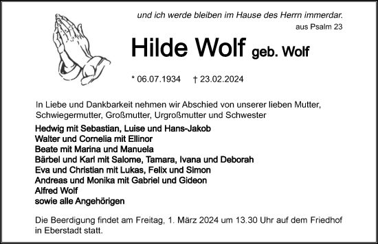 Traueranzeige von Hilde Wolf von GESAMT