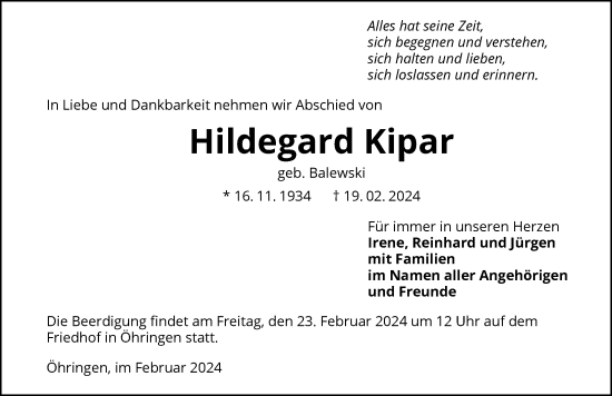 Traueranzeige von Hildegard Kipar von GESAMT