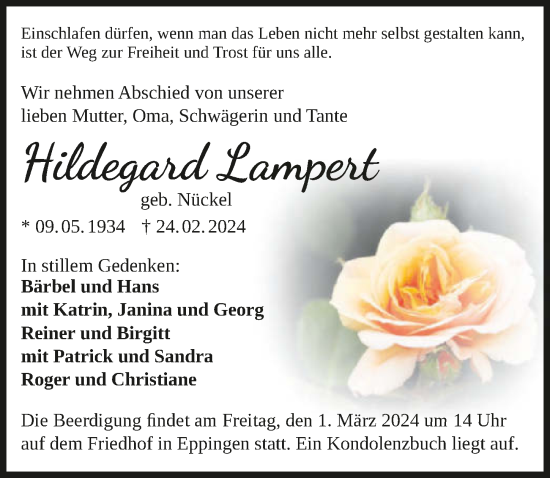 Traueranzeige von Hildegard Lampert von GESAMT