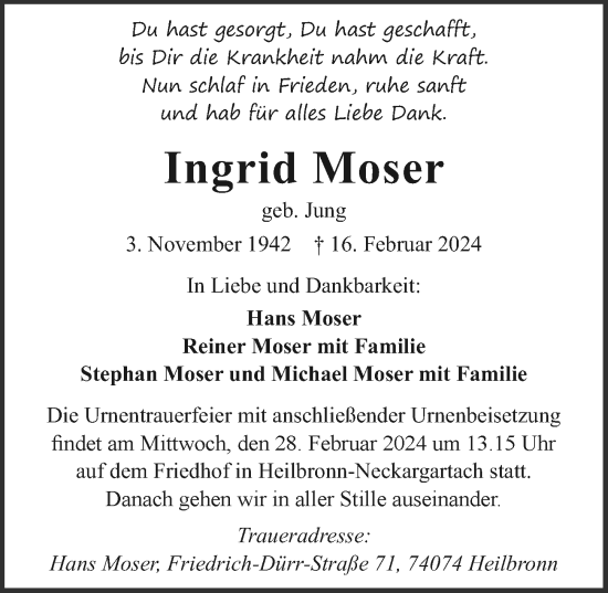 Traueranzeige von Ingrid Moser von GESAMT