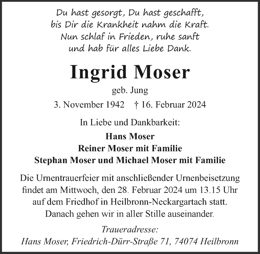  Traueranzeige für Ingrid Moser vom 24.02.2024 aus GESAMT