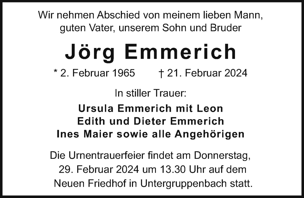 Traueranzeige für Jörg Emmerich vom 24.02.2024 aus GESAMT