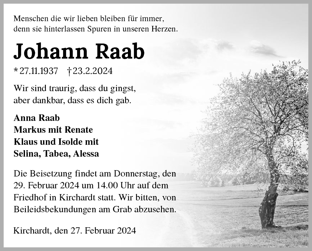  Traueranzeige für Johann Raab vom 27.02.2024 aus GESAMT