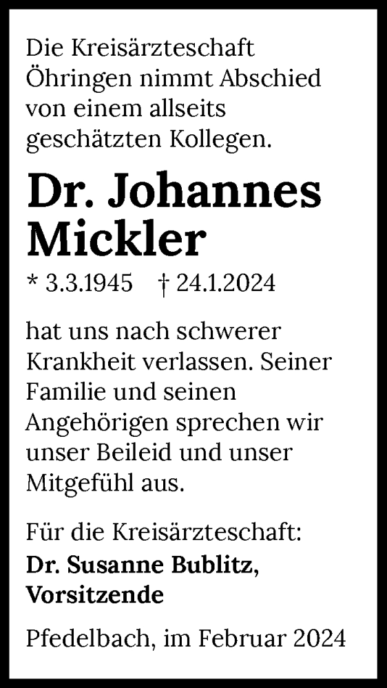  Traueranzeige für Johannes Mickler vom 07.02.2024 aus GESAMT