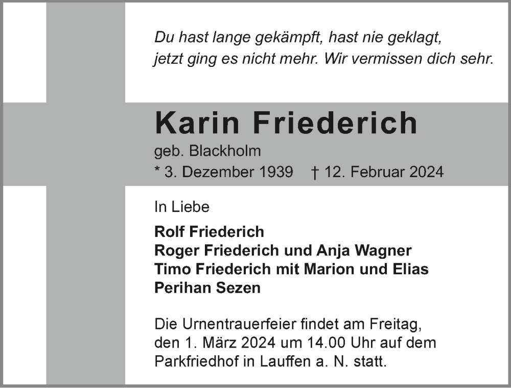  Traueranzeige für Karin Friederich vom 24.02.2024 aus GESAMT