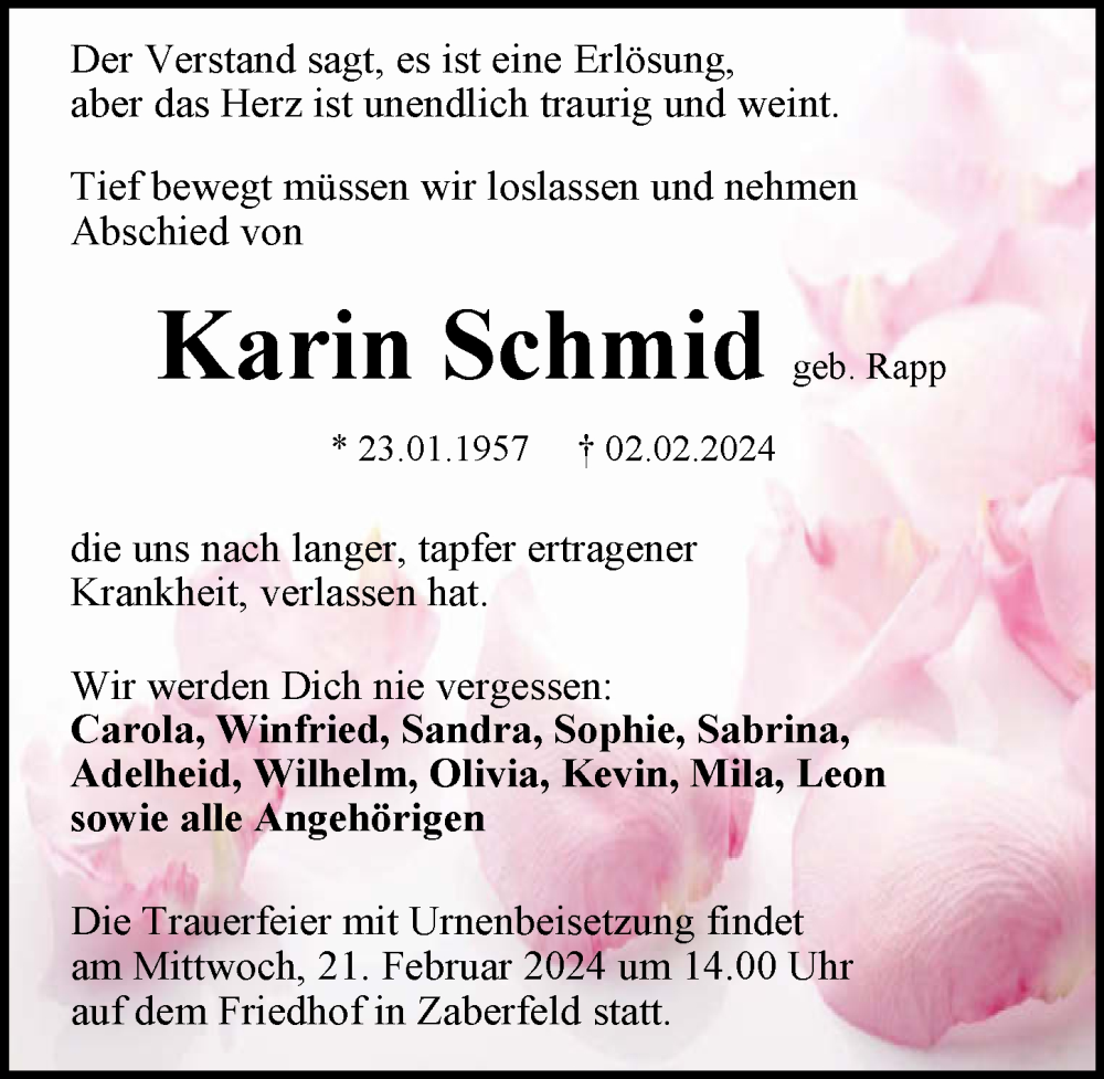  Traueranzeige für Karin Schmid vom 17.02.2024 aus GESAMT