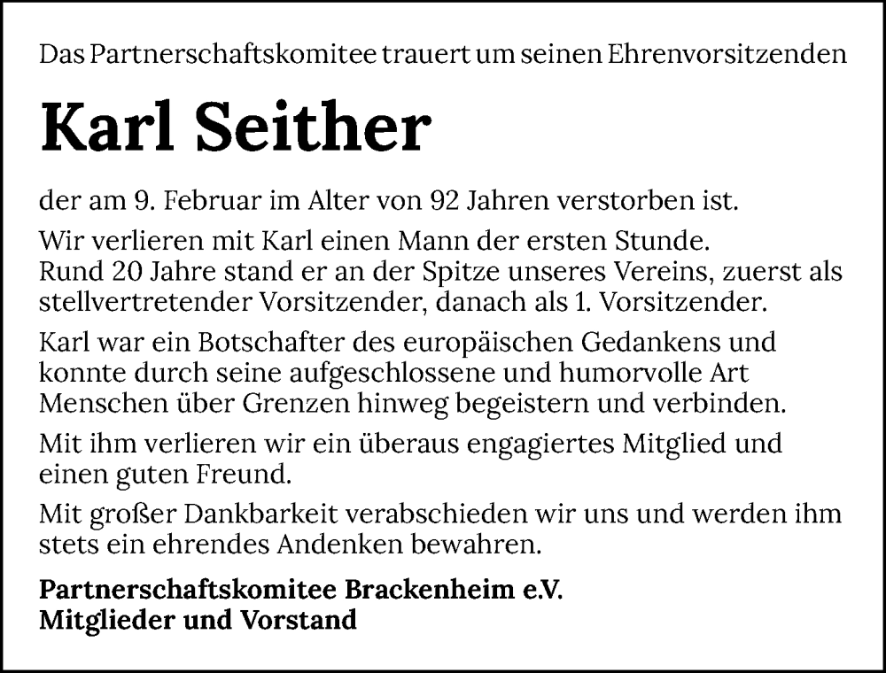  Traueranzeige für Karl Seither vom 16.02.2024 aus GESAMT