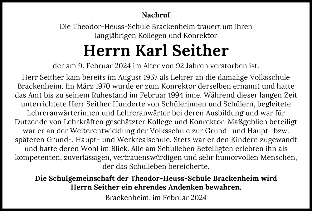  Traueranzeige für Karl Seither vom 24.02.2024 aus GESAMT