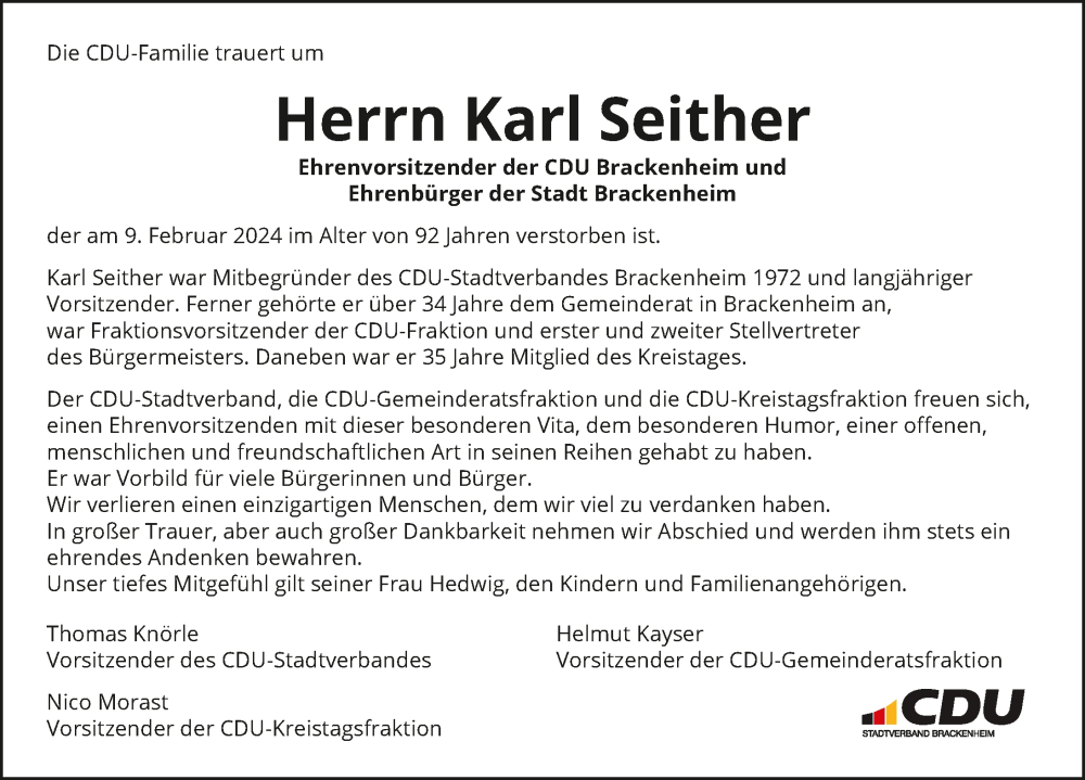  Traueranzeige für Karl Seither vom 13.02.2024 aus GESAMT