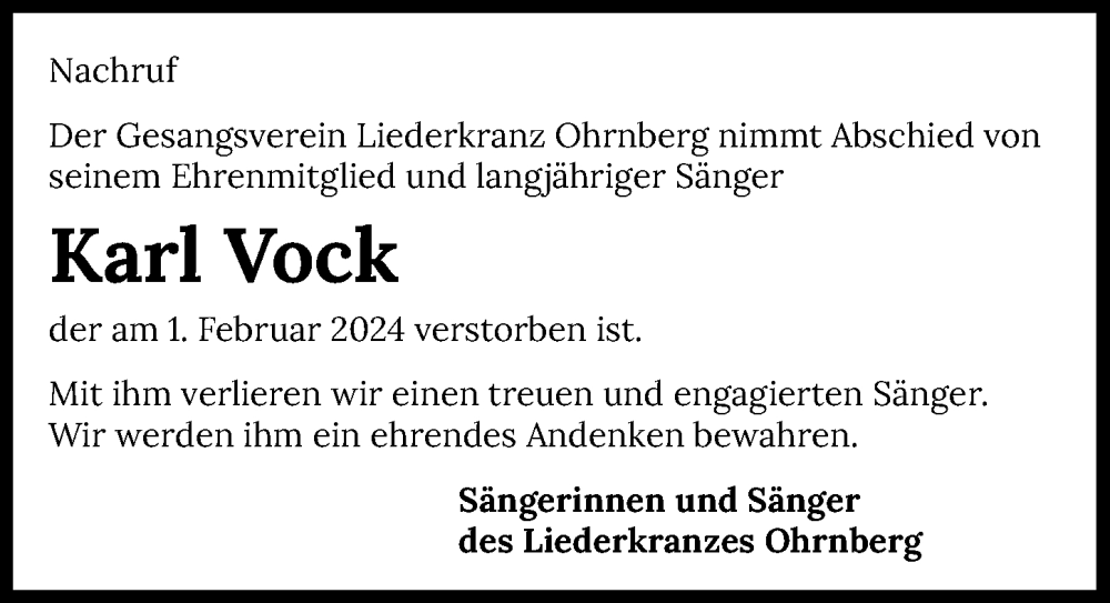  Traueranzeige für Karl Vock vom 20.02.2024 aus GESAMT