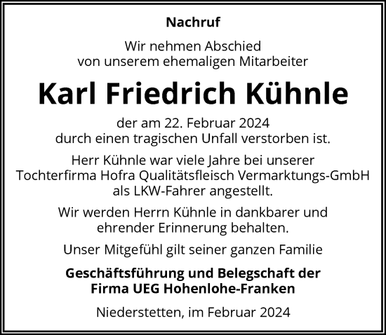 Traueranzeige von Karl Friedrich Kühnle von GESAMT