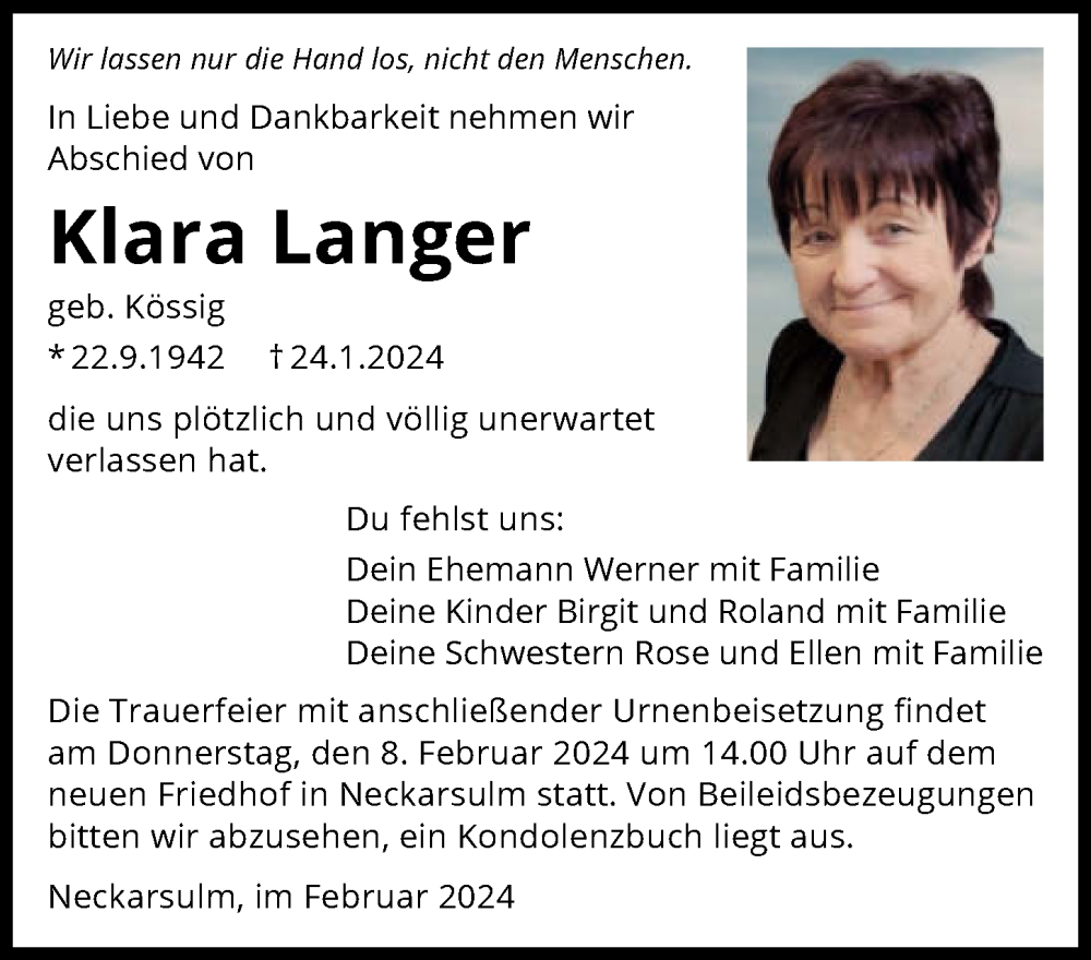  Traueranzeige für Klara Langer vom 03.02.2024 aus GESAMT