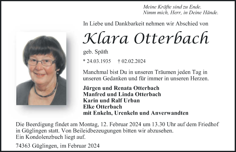  Traueranzeige für Klara Otterbach vom 08.02.2024 aus GESAMT