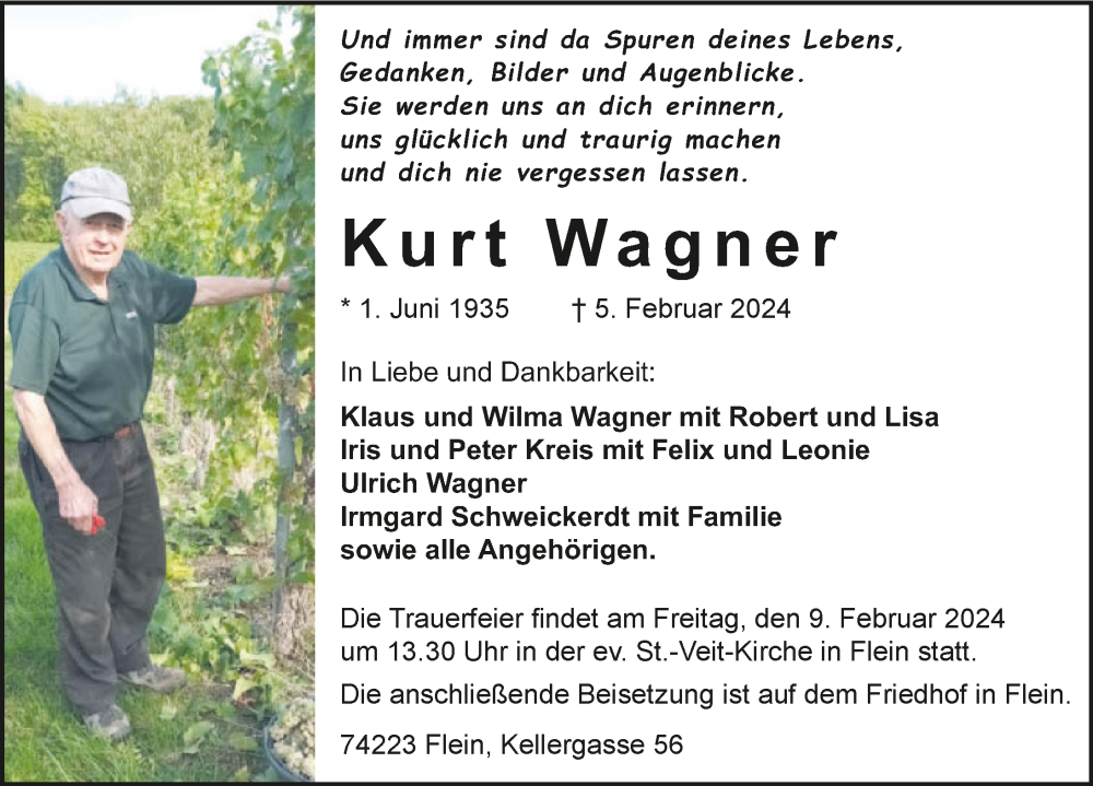  Traueranzeige für Kurt Wagner vom 07.02.2024 aus GESAMT