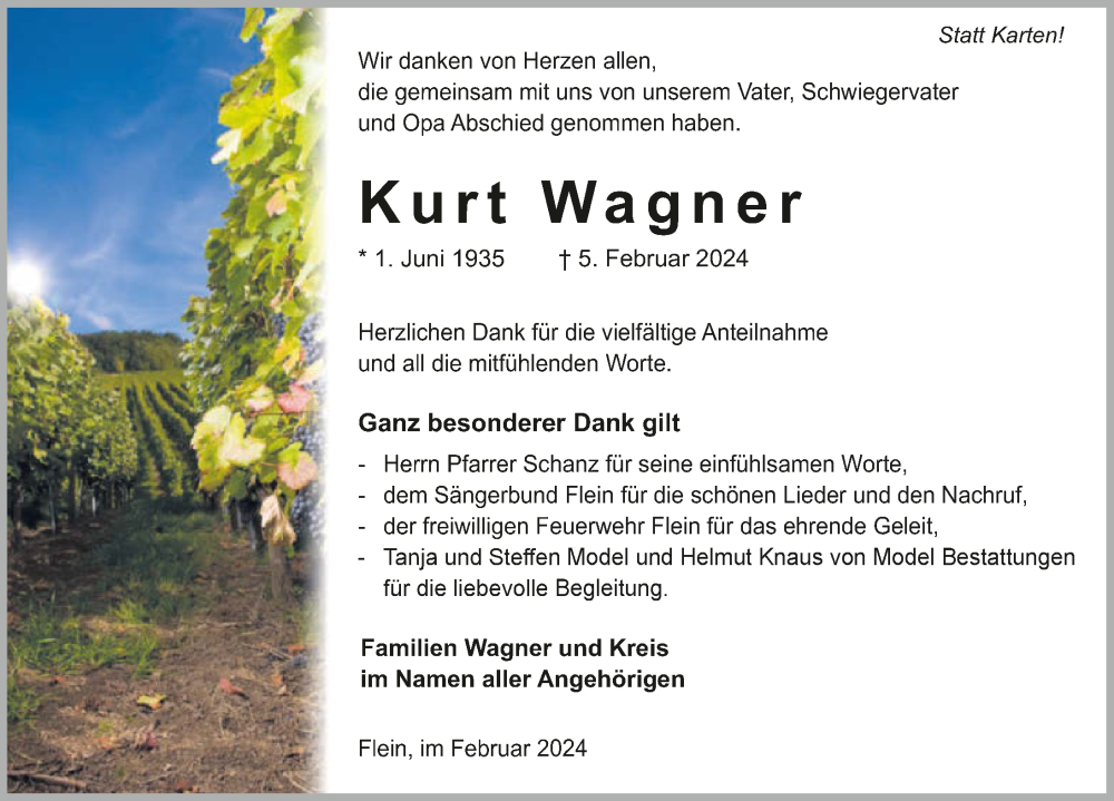  Traueranzeige für Kurt Wagner vom 24.02.2024 aus GESAMT