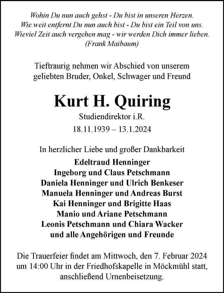  Traueranzeige für Kurt H. Quiring vom 06.02.2024 aus GESAMT
