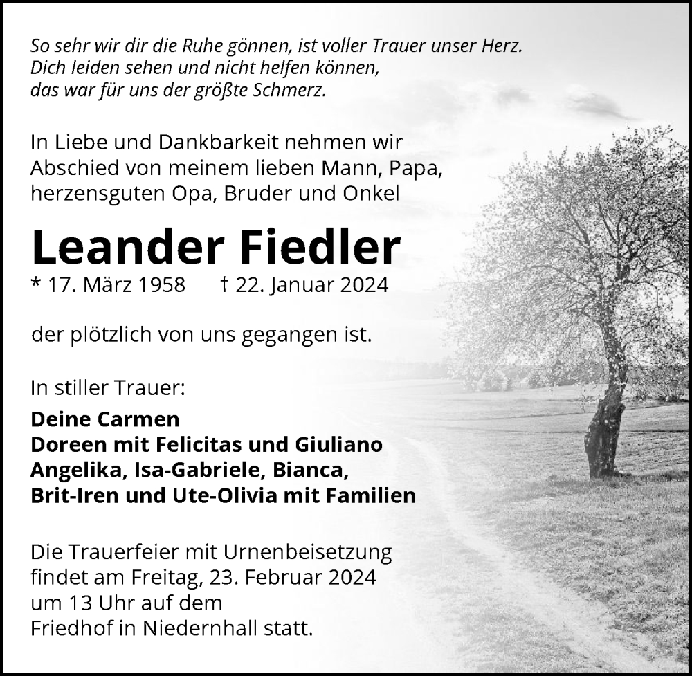  Traueranzeige für Leander Fiedler vom 17.02.2024 aus GESAMT