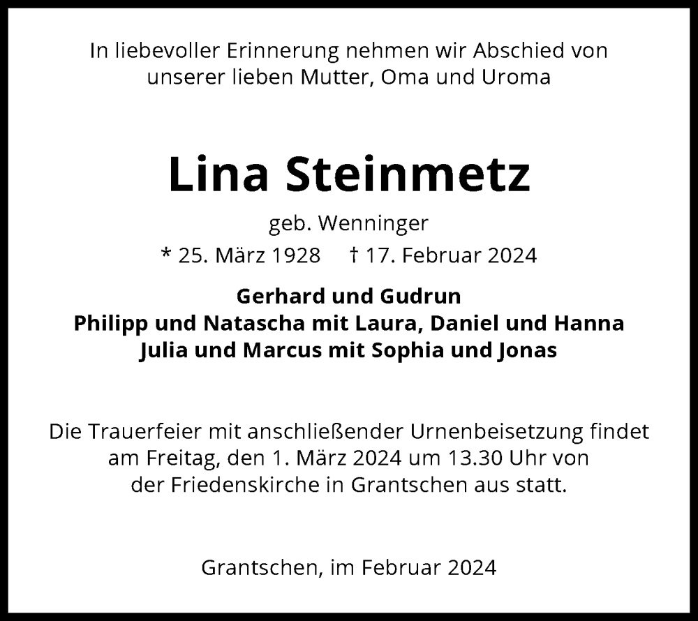  Traueranzeige für Lina Steinmetz vom 24.02.2024 aus GESAMT