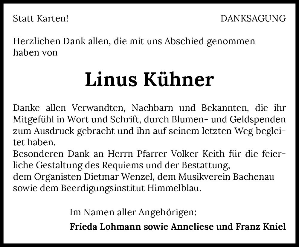  Traueranzeige für Linus Kühner vom 02.02.2024 aus GESAMT