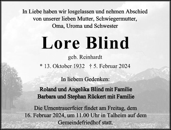 Traueranzeige von Lore Blind von GESAMT