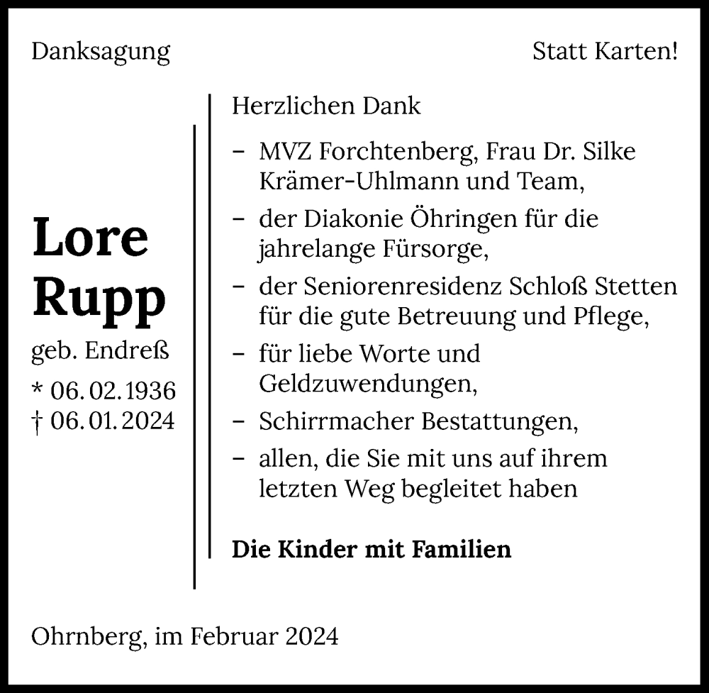  Traueranzeige für Lore Rupp vom 03.02.2024 aus GESAMT