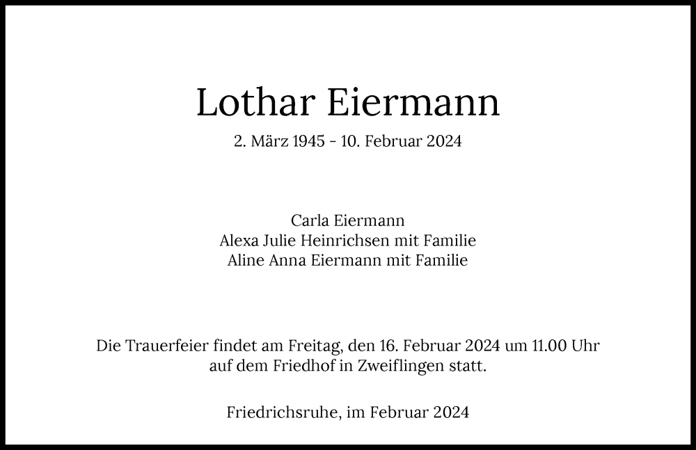  Traueranzeige für Lothar Eiermann vom 13.02.2024 aus GESAMT