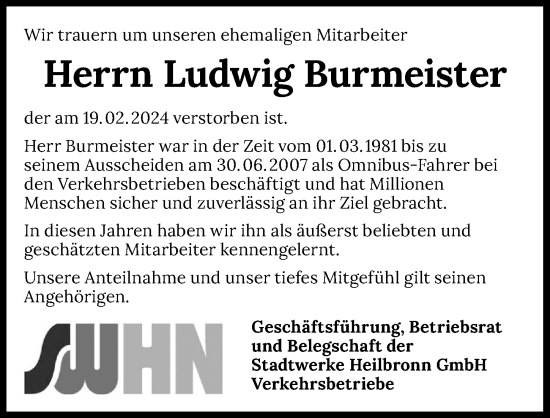 Traueranzeige von Ludwig Burmeister von GESAMT