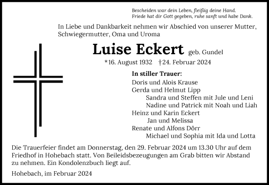 Traueranzeige von Luise Eckert von GESAMT