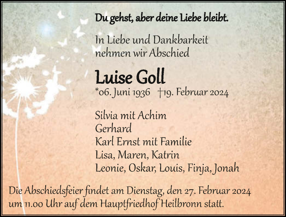  Traueranzeige für Luise Goll vom 24.02.2024 aus GESAMT