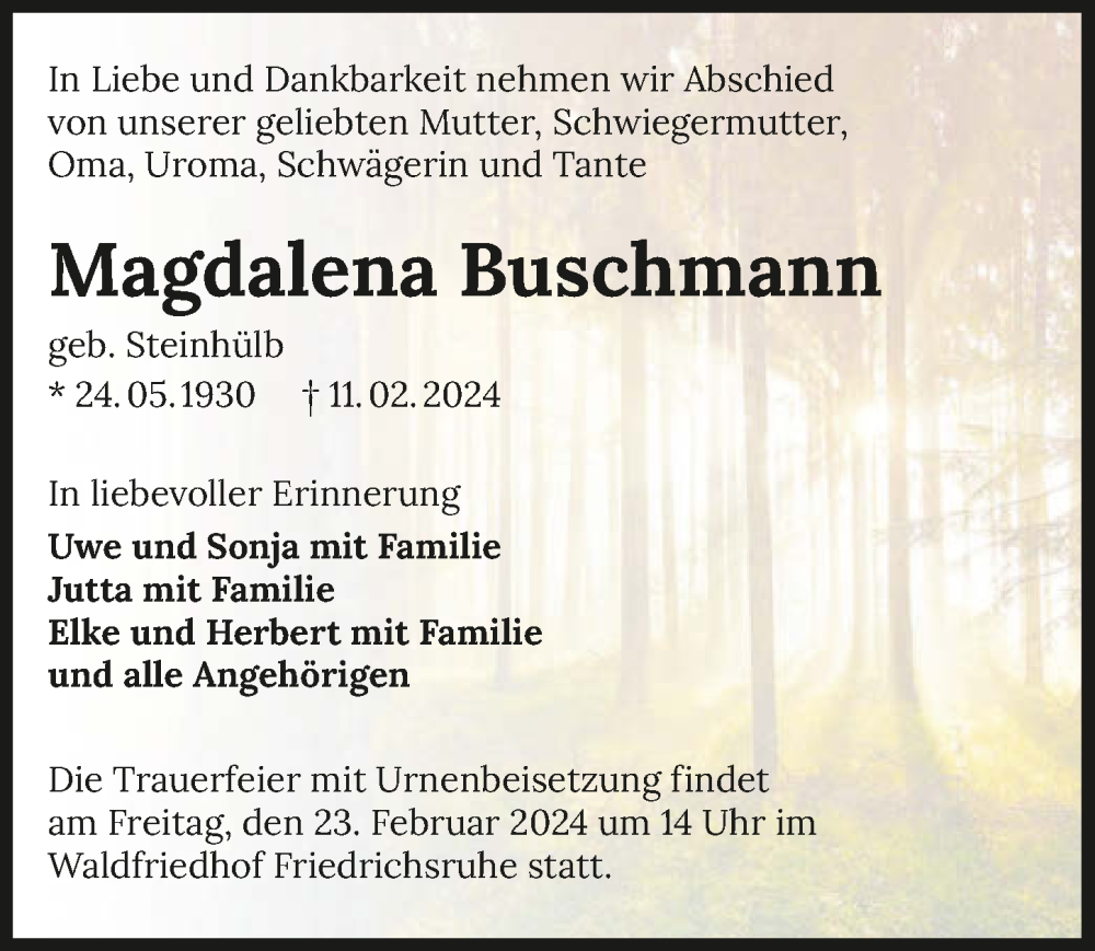  Traueranzeige für Magdalena Buschmann vom 17.02.2024 aus GESAMT