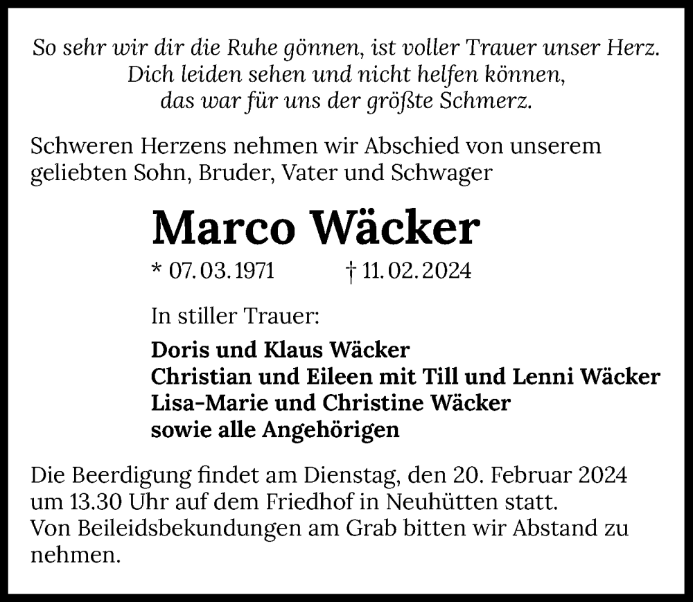  Traueranzeige für Marco Wäcker vom 17.02.2024 aus GESAMT
