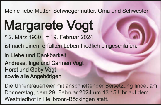 Traueranzeige von Margarete Vogt von GESAMT