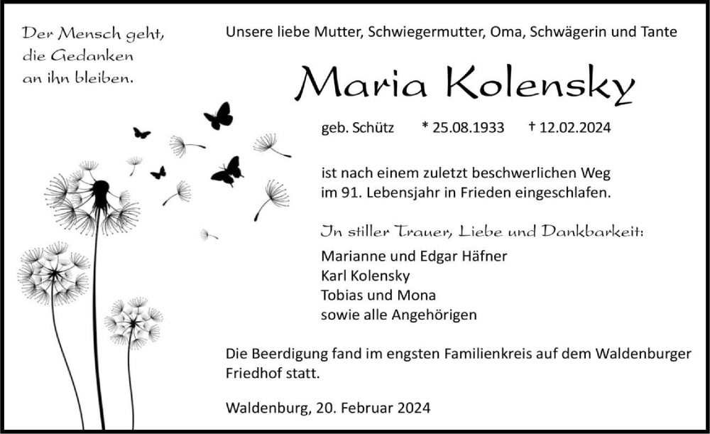  Traueranzeige für Maria Kolensky vom 20.02.2024 aus GESAMT