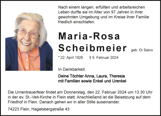 Traueranzeige von Maria-Rosa Scheibmeier