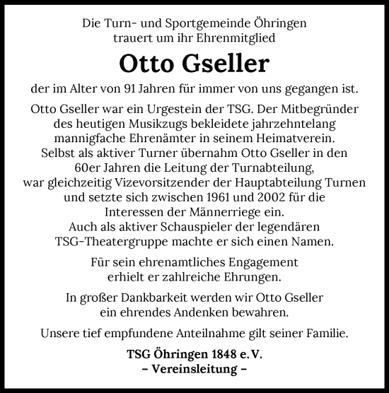 Traueranzeige von Otto Gseller von GESAMT