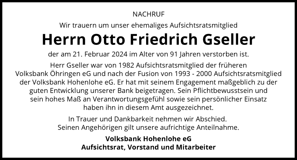  Traueranzeige für Otto Friedrich Gseller vom 29.02.2024 aus GESAMT