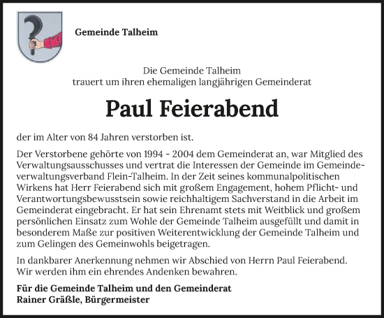 Traueranzeige von Paul Feierabend von GESAMT