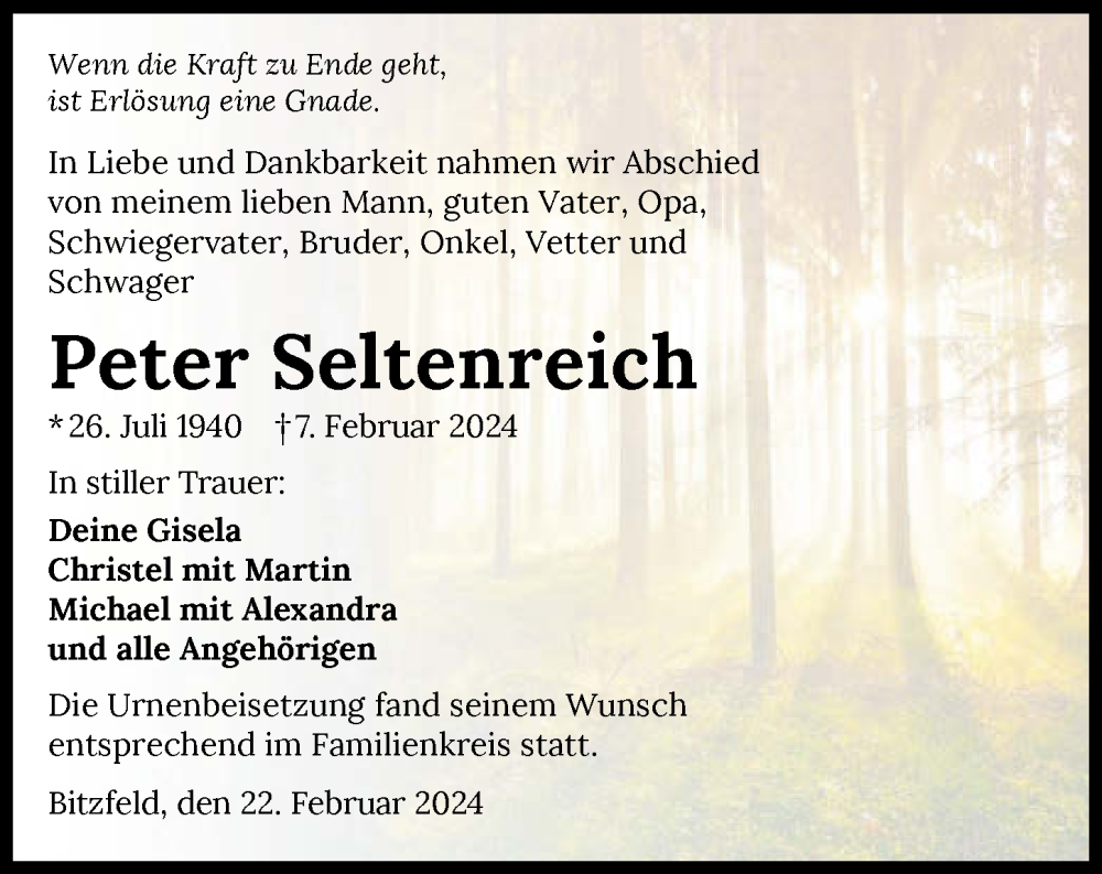  Traueranzeige für Peter Seltenreich vom 22.02.2024 aus GESAMT