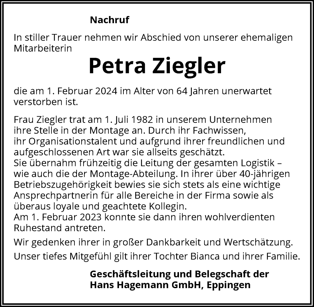  Traueranzeige für Petra Ziegler vom 09.02.2024 aus GESAMT