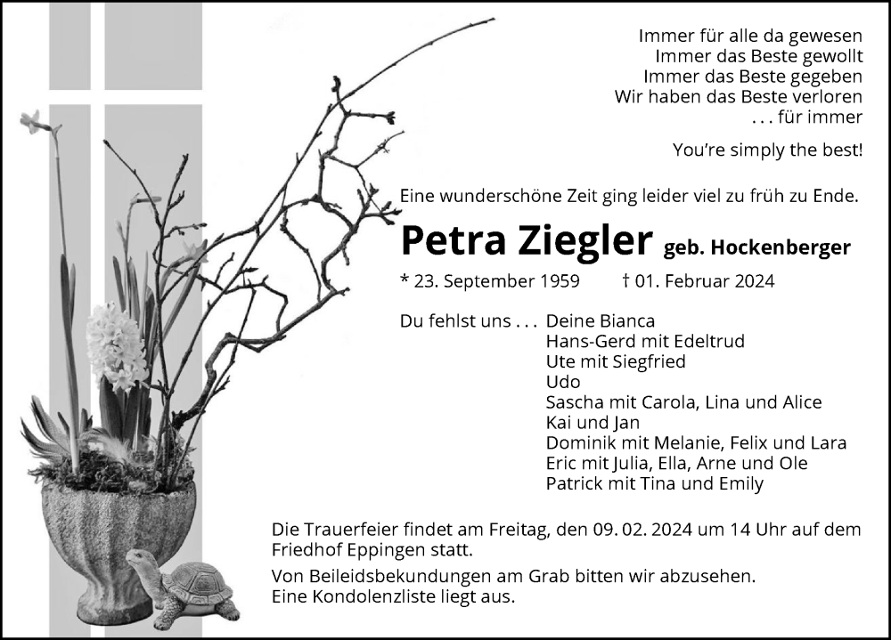  Traueranzeige für Petra Ziegler vom 08.02.2024 aus GESAMT
