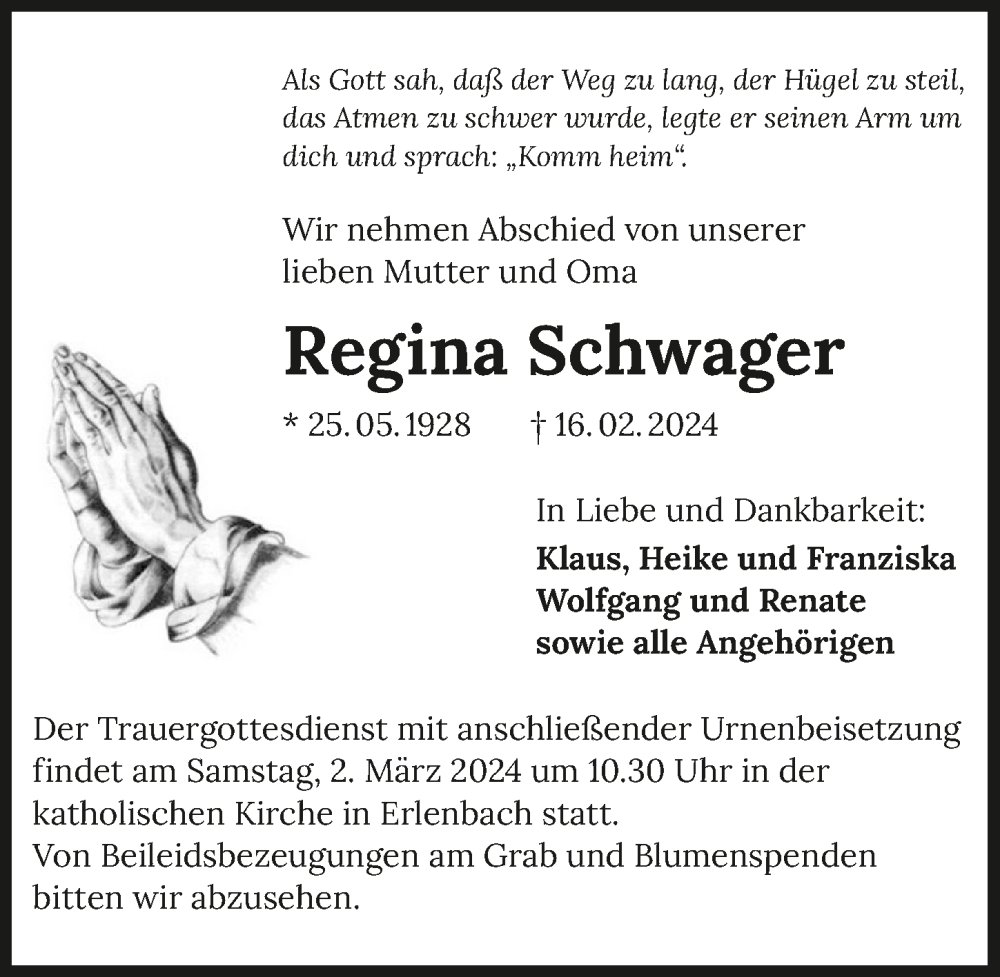  Traueranzeige für Regina Schwager vom 26.02.2024 aus GESAMT