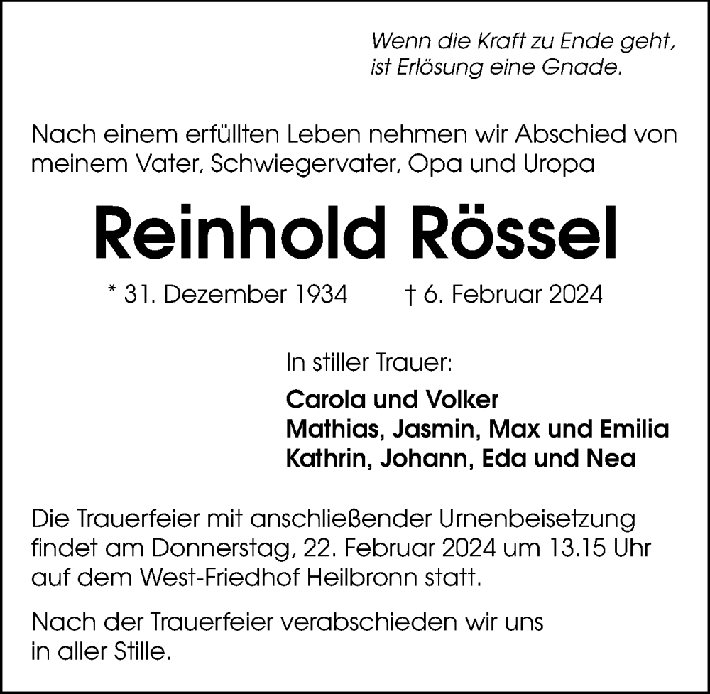  Traueranzeige für Reinhold Rössel vom 19.02.2024 aus GESAMT