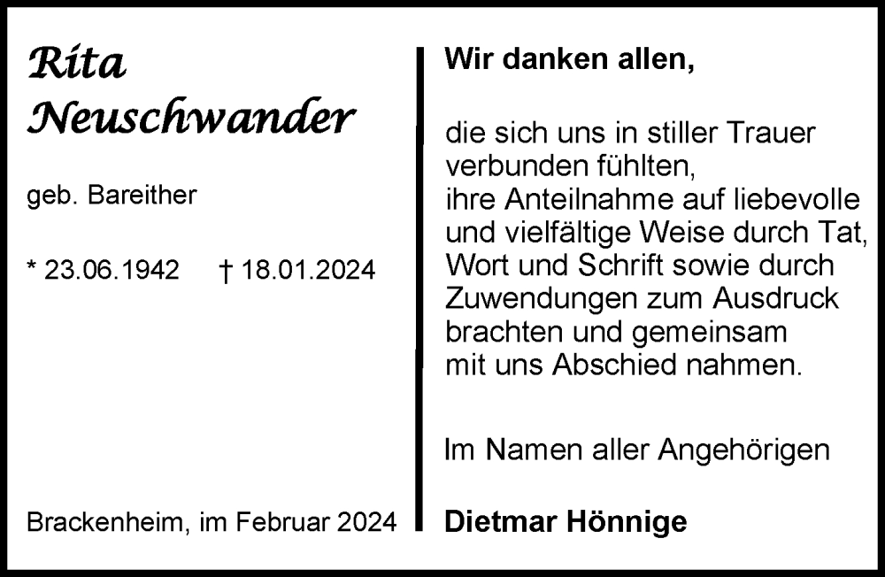  Traueranzeige für Rita Neuschwander vom 14.02.2024 aus GESAMT