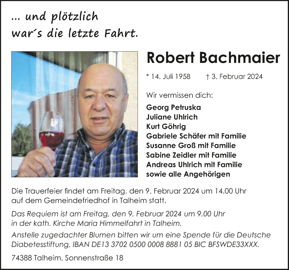  Traueranzeige für Robert Bachmaier vom 07.02.2024 aus GESAMT
