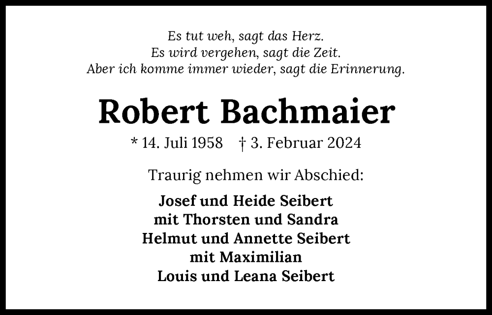  Traueranzeige für Robert Bachmaier vom 07.02.2024 aus GESAMT